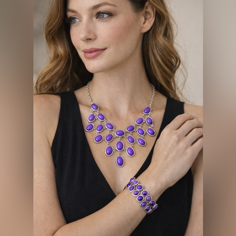 Purple Statement Necklace Silver Tone Adjustable Chain Women's Jewelry‎